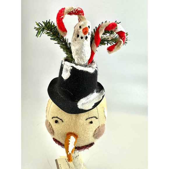 Vintage Whimsical Handmade Snowman Head On A Wooden Candlestick With Candy Canes - Picture 4 of 12